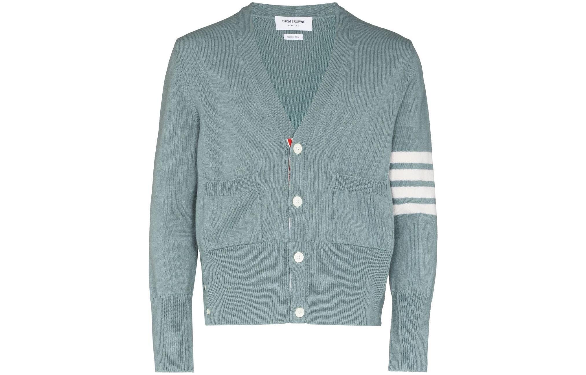 Thom Browne FW22  Four-Bar V-Neck Wool Sweater in Blue. MKC353A-Y1026-450