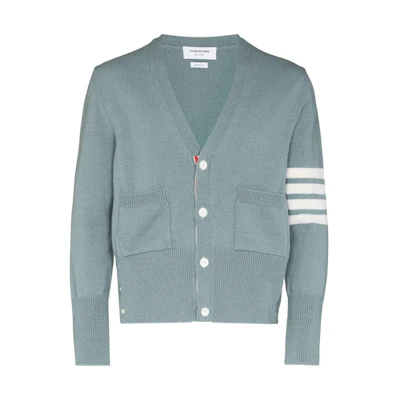 Thom Browne FW22 Four-Bar V-Neck Wool Sweater in Blue. MKC353A-Y1026-450