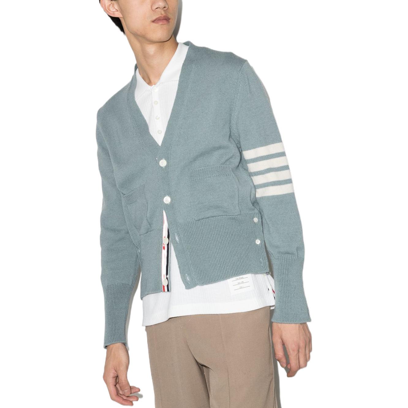 Shop Thom Browne FW22  Four-Bar V-Neck Wool Sweater in Blue. MKC353A-Y1026-450