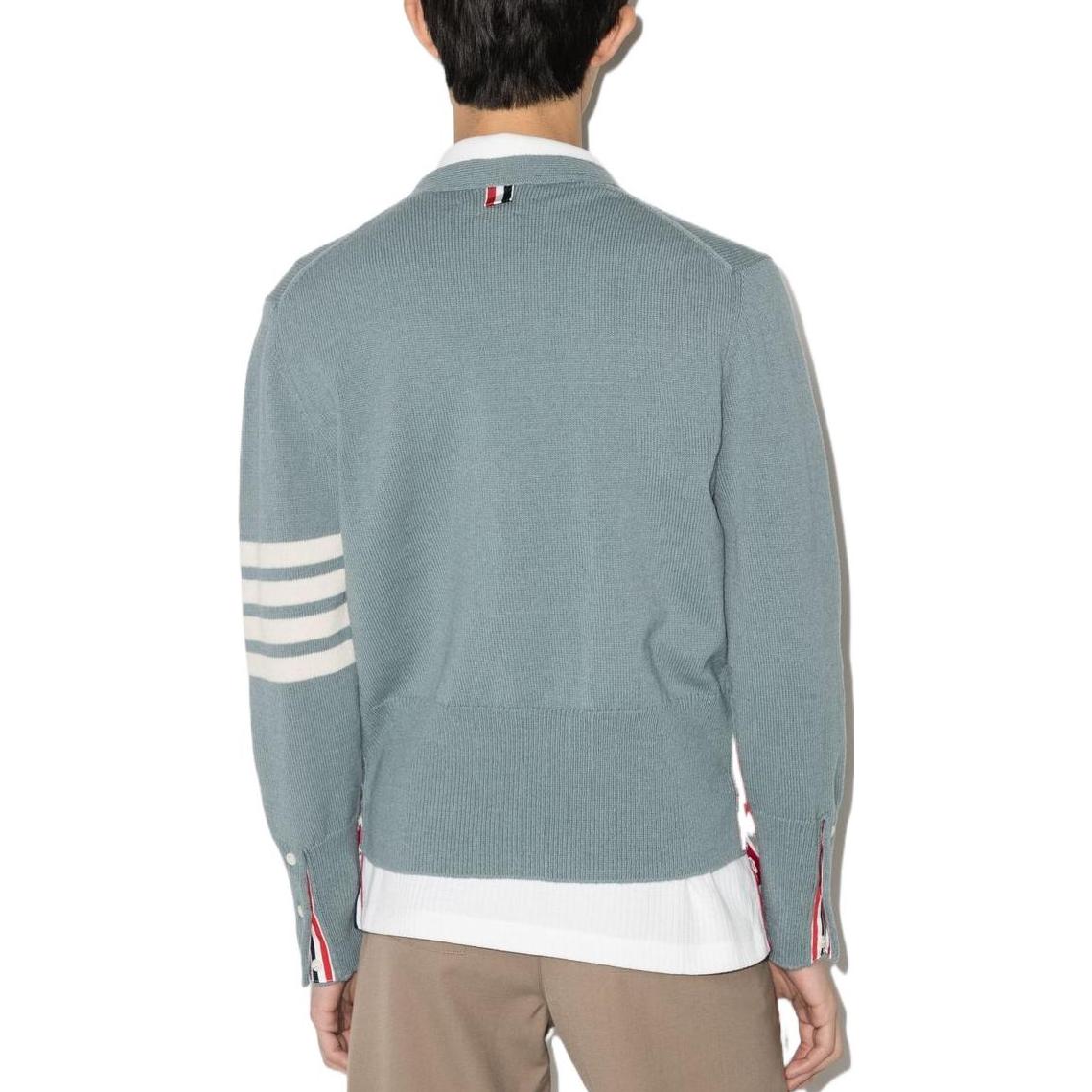 Purchase Thom Browne FW22  Four-Bar V-Neck Wool Sweater in Blue. MKC353A-Y1026-450