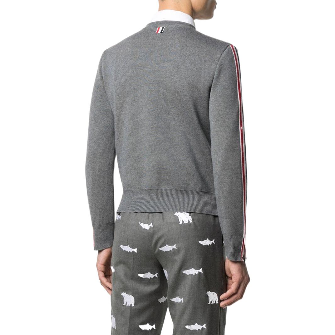 Lookbook THOM BROWNE FW22  Gray Striped Wool Crewneck Sweater. MKA367A-Y1002-035