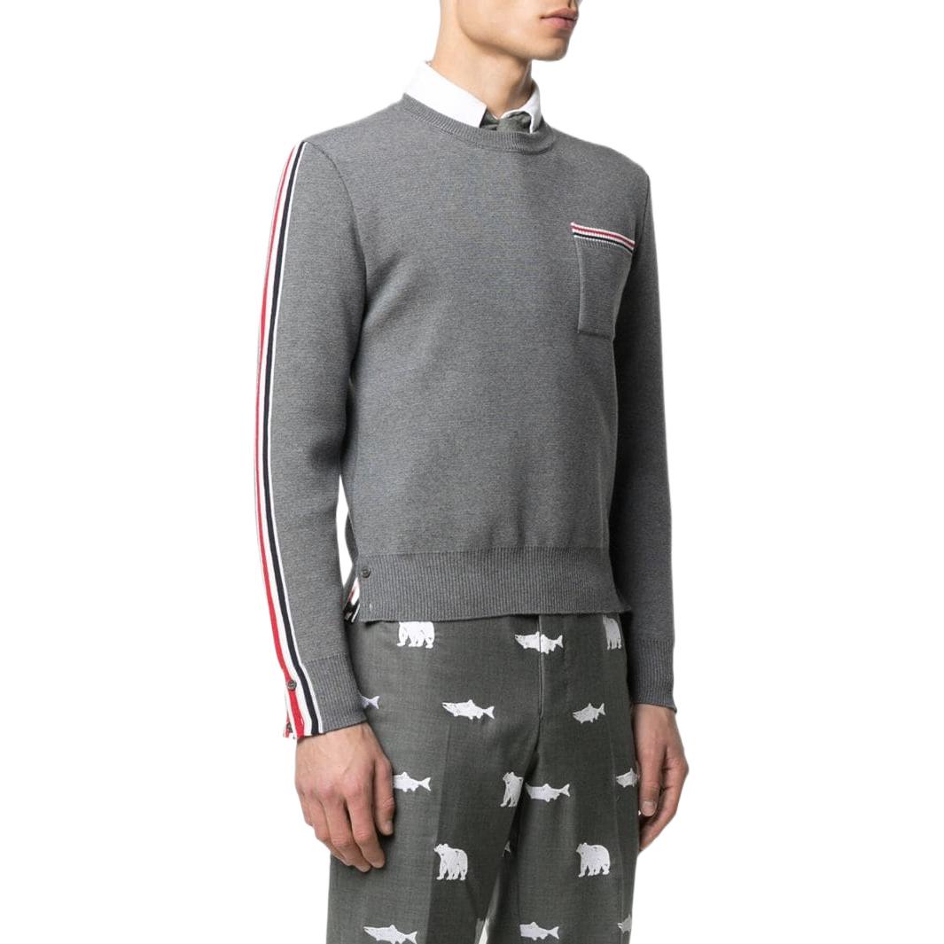Purchase THOM BROWNE FW22  Gray Striped Wool Crewneck Sweater. MKA367A-Y1002-035
