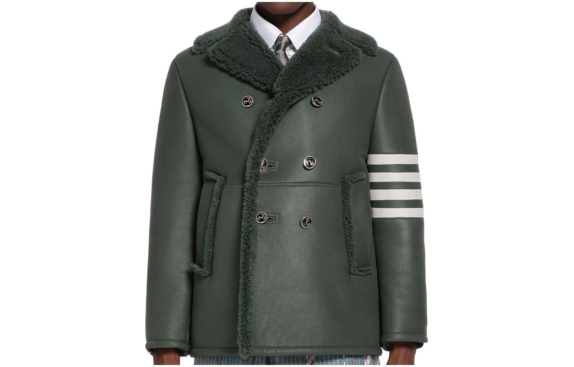THOM BROWNE FW22  Green Leather Shearling Jacket with Four Stripes. MOU606X-02821-320