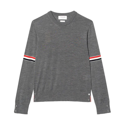 THOM BROWNE FW22 Grey 4-Bar Crewneck Wool Sweater. MKA412A-Y1014-035