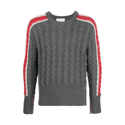 THOM BROWNE FW22 Grey Cable Knit Wool Sweater with Tricolor Stripe Detailing. MKA389A-Y1024-035