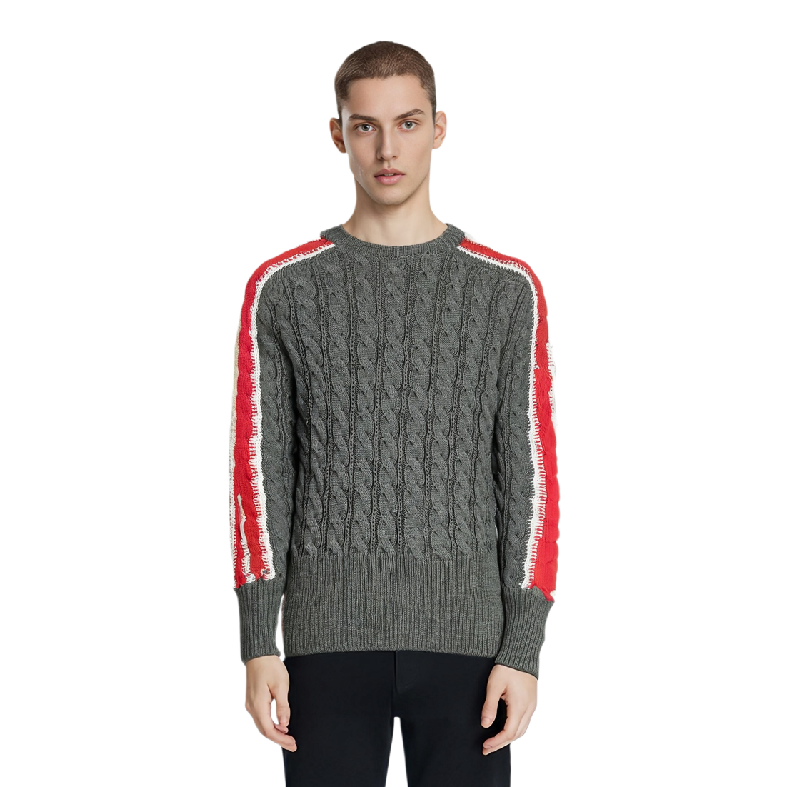 Shop THOM BROWNE FW22 Sweater Wol Abu-Abu Kabel dengan Detail Garis Tricolor. MKA389A-Y1024-035