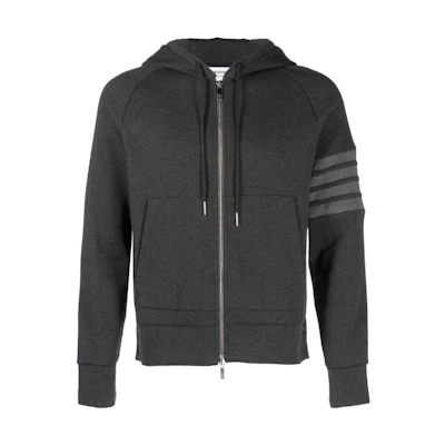 THOM BROWNE FW22 Grey Hoodie with Classic Four-Bar Stripes. MJT204A-06452-015