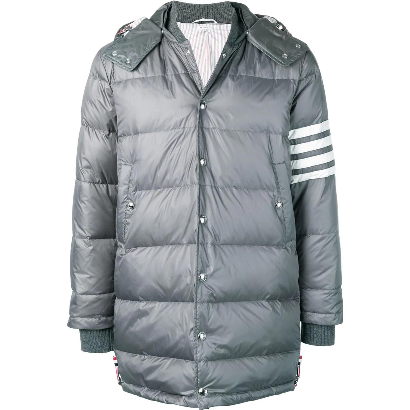 THOM BROWNE FW22  Grey Loose-Fit Straight Coat with Hood. MOD041X-05411-035