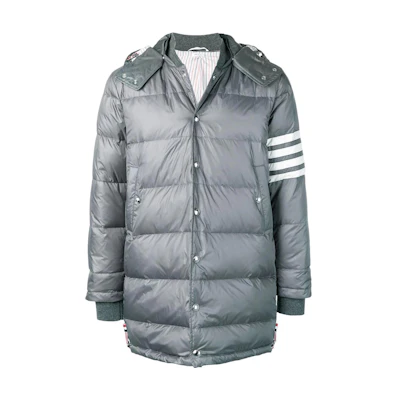 THOM BROWNE FW22 Grey Loose-Fit Straight Coat with Hood. MOD041X-05411-035