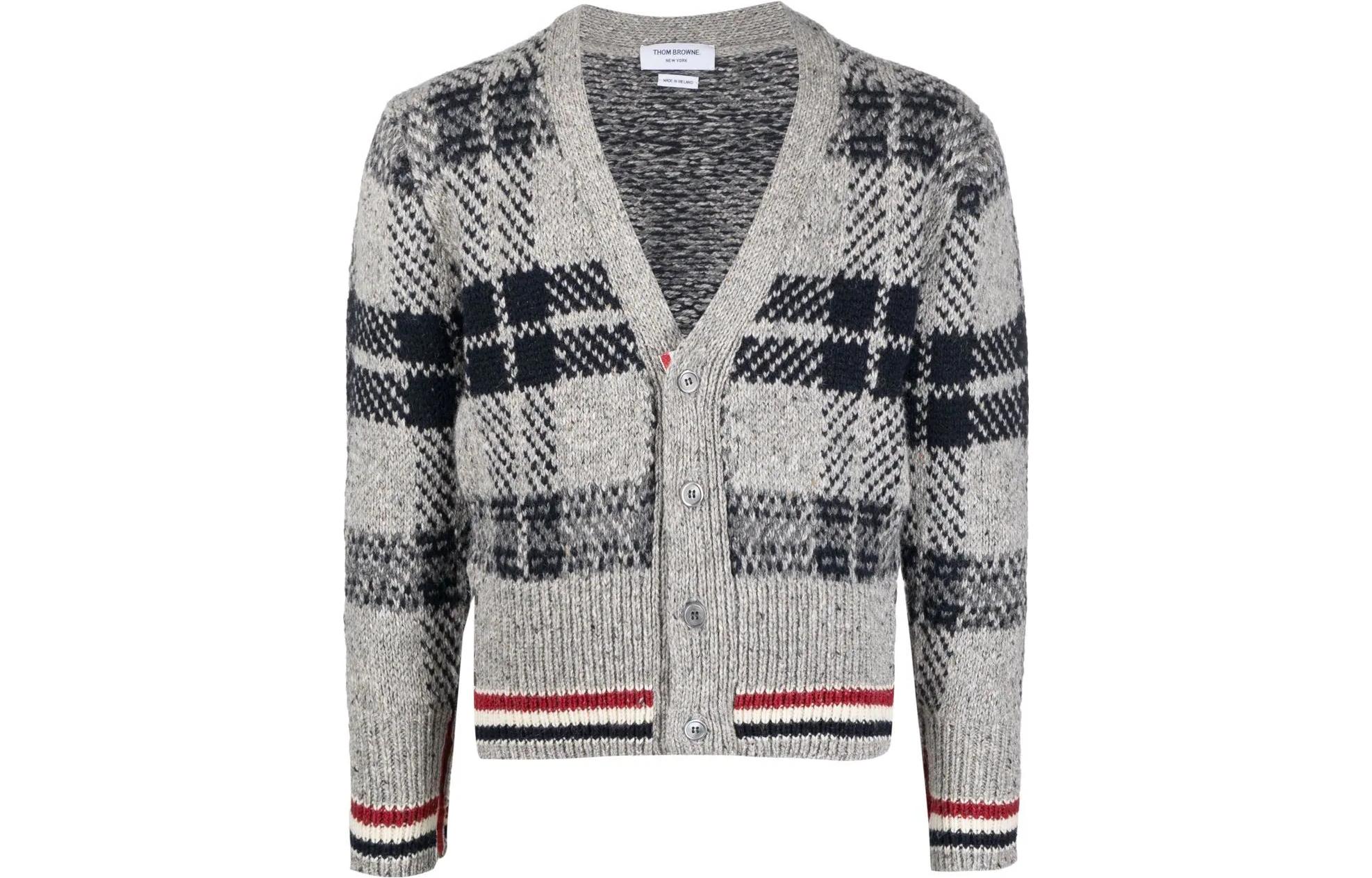 Thom Browne FW22  Grey Mohair V-Neck Check Knit Stripe Sweater. MKC431A-Y1506-035