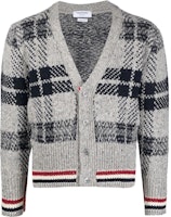 Thom Browne FW22 Grey Mohair V-Neck Check Knit Stripe Sweater. MKC431A-Y1506-035 Thom Browne FW22 Grey Mohair V-Neck Check Knit Stripe Sweater. MKC431A-Y1506-035