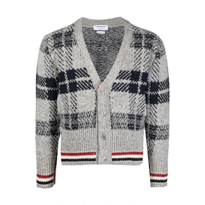 Thom Browne FW22 Grey Mohair V-Neck Check Knit Stripe Sweater. MKC431A-Y1506-035