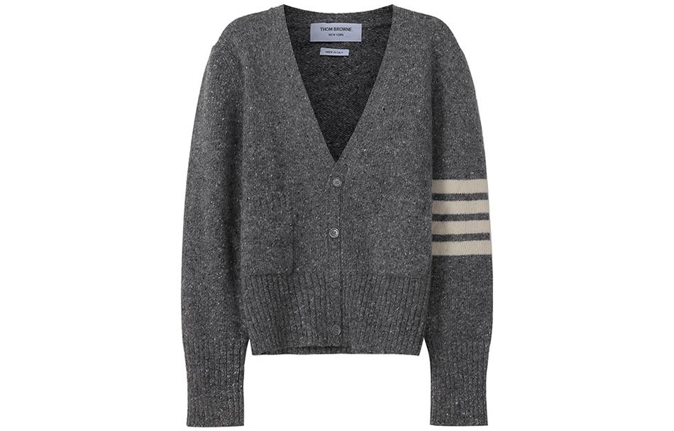 Thom Browne FW22  Grey V-Neck Cardigan with Striped Sleeve Detail. MKC084A-00278-035