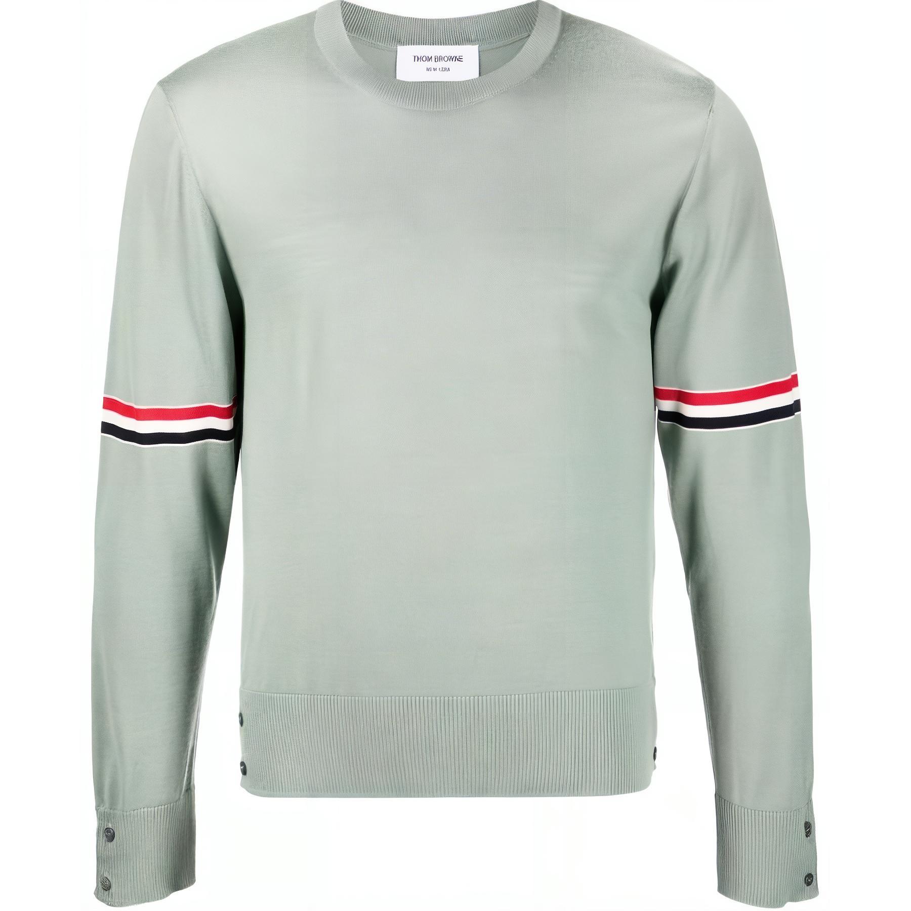 THOM BROWNE FW22  Light Green Striped Knit Wool Sweater Long Sleeve Crewneck. MKA412AY1014-350