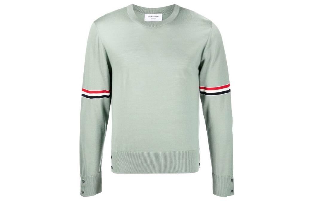 Order 톰 브라운 FW22 라이트 그린 스트라이프 울 니트 크루넥 스웨터. MKA412AY1014-350