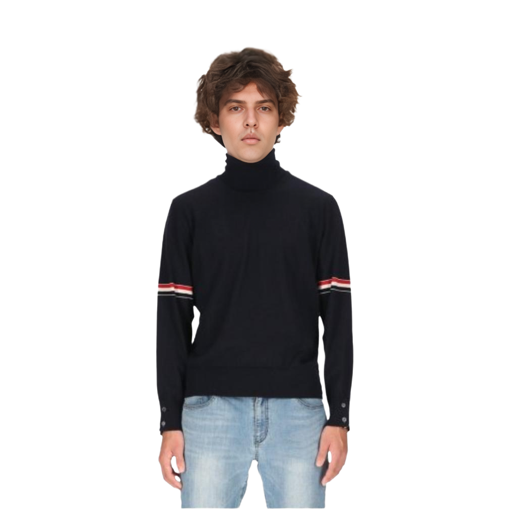 Shop THOM BROWNE FW22 Navy Sweater Wol 3-Stripe Turtleneck. MKA413A-Y1014-415