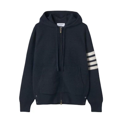 Thom Browne FW22 Navy Blue Classic 4-Stripe Knit Hoodie Jacket. MKC382-AY1501-415