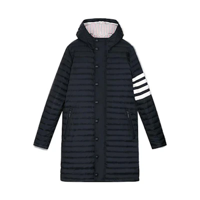 THOM BROWNE FW22 Navy Blue Striped Hooded Long Sleeve Coat MOD013X-05411-415