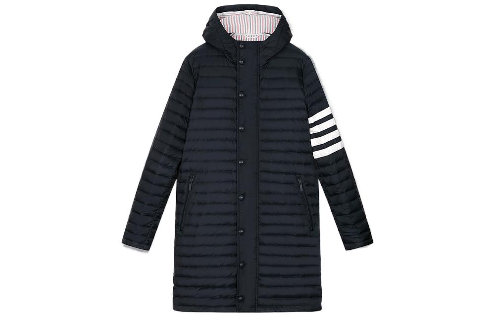 Order THOM BROWNE FW22 Abrigo con Capucha Azul Marino Rayado de Manga Larga MOD013X-05411-415