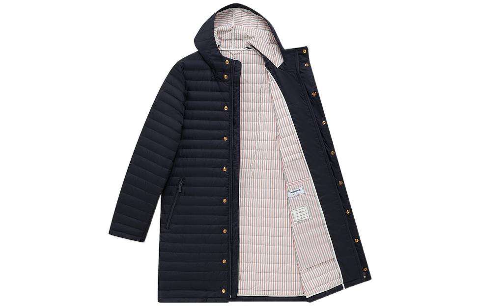 Shop THOM BROWNE FW22 Abrigo con Capucha Azul Marino Rayado de Manga Larga MOD013X-05411-415