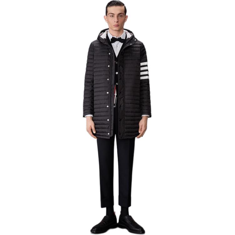 Purchase THOM BROWNE FW22 Abrigo con Capucha Azul Marino Rayado de Manga Larga MOD013X-05411-415