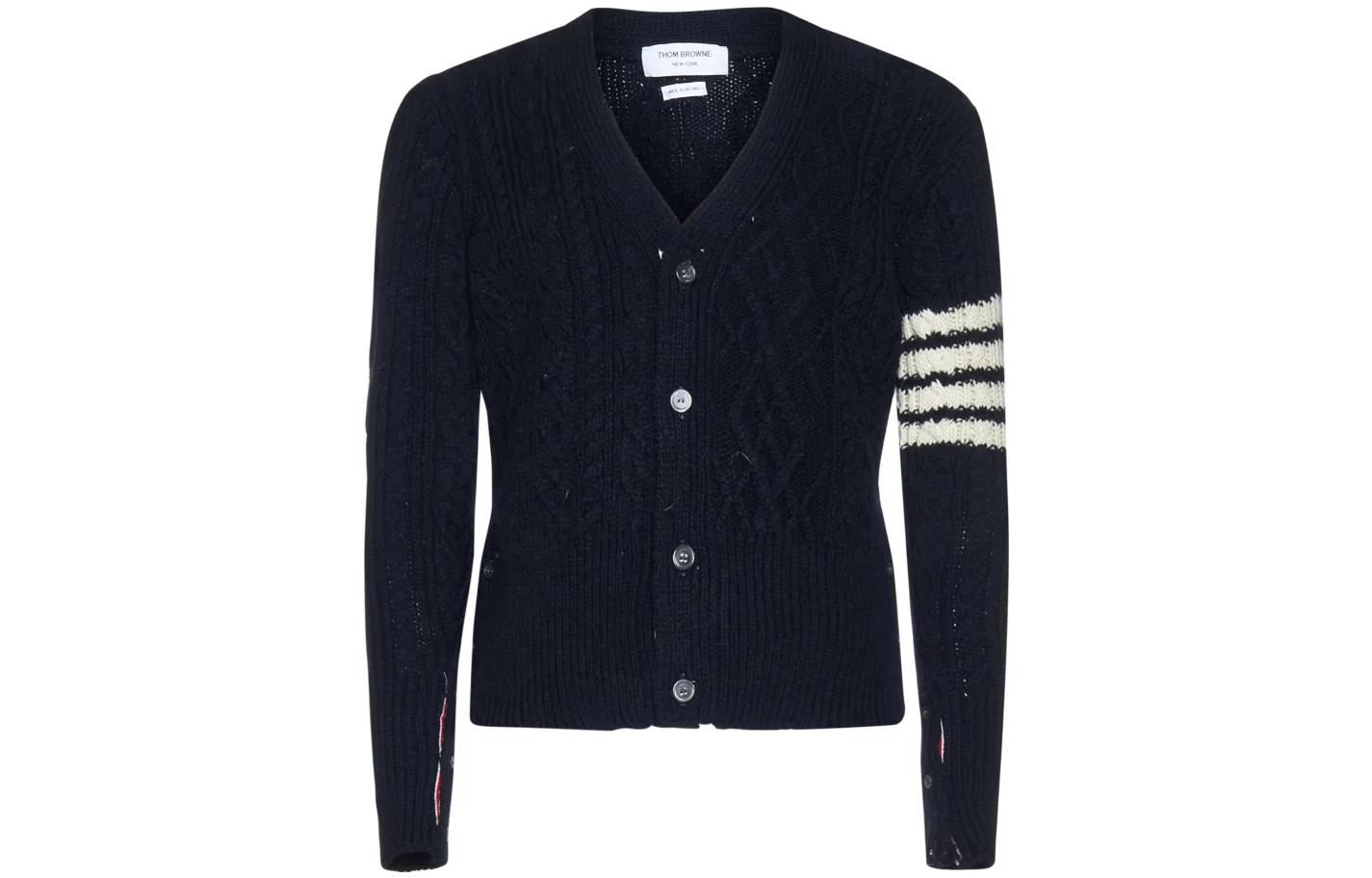 THOM BROWNE FW22  Navy V-Neck Four-Bar Cable Knit Wool Sweater MKC409A-Y1506-415