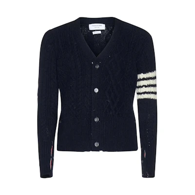 THOM BROWNE FW22 Navy V-Neck Four-Bar Cable Knit Wool Sweater MKC409A-Y1506-415