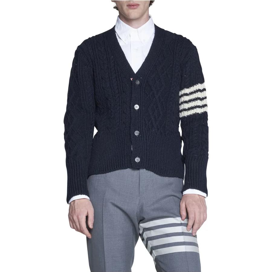 THOM BROWNE FW22  Navy V-Neck Four-Bar Cable Knit Wool Sweater MKC409A-Y1506-415 圖 4