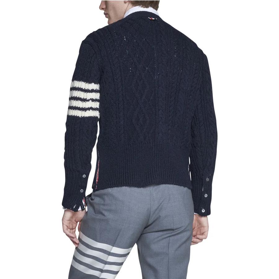 THOM BROWNE FW22  Navy V-Neck Four-Bar Cable Knit Wool Sweater MKC409A-Y1506-415 圖 5