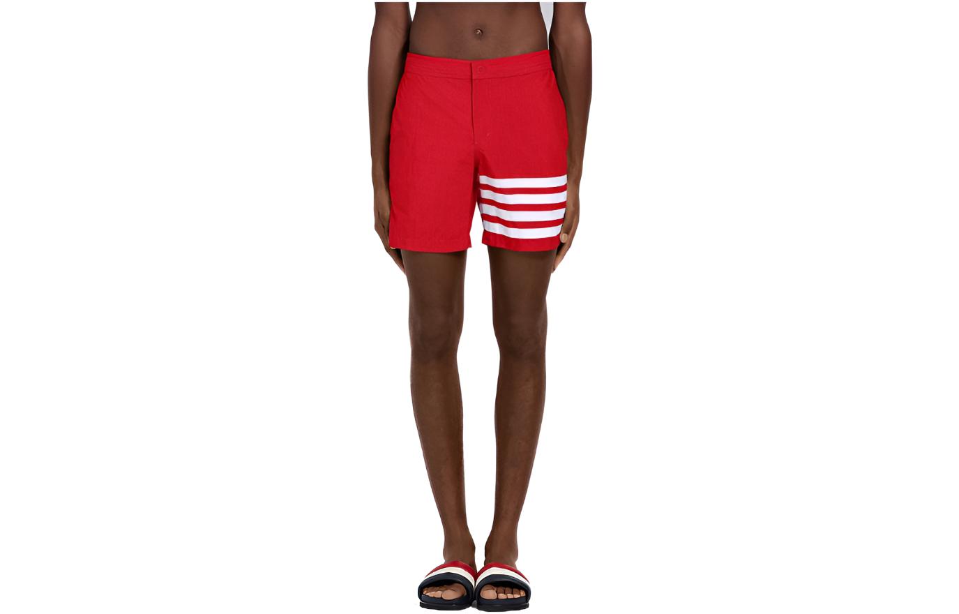 THOM BROWNE FW22  Red Four-Stripe Straight-Leg Casual Shorts. MTT027-A0753-8600