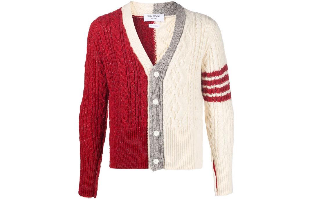 Thom Browne FW22  Red Striped Colorblock V-Neck Cardigan Sweater. MKC409F-Y1506-001