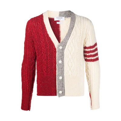 Thom Browne FW22 Red Striped Colorblock V-Neck Cardigan Sweater. MKC409F-Y1506-001