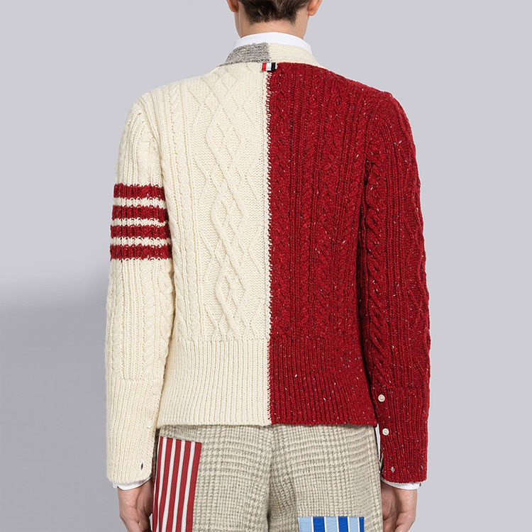 Shop Thom Browne FW22 Cardigan V-Neck Sweater Garis Merah Colorblock. MKC409F-Y1506-001