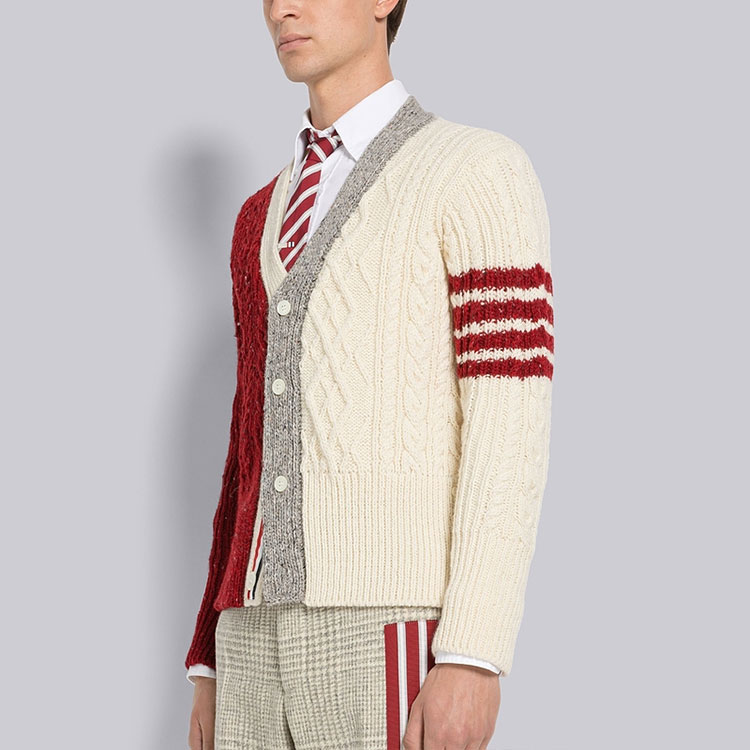 Purchase Thom Browne FW22 Cardigan V-Neck Sweater Garis Merah Colorblock. MKC409F-Y1506-001