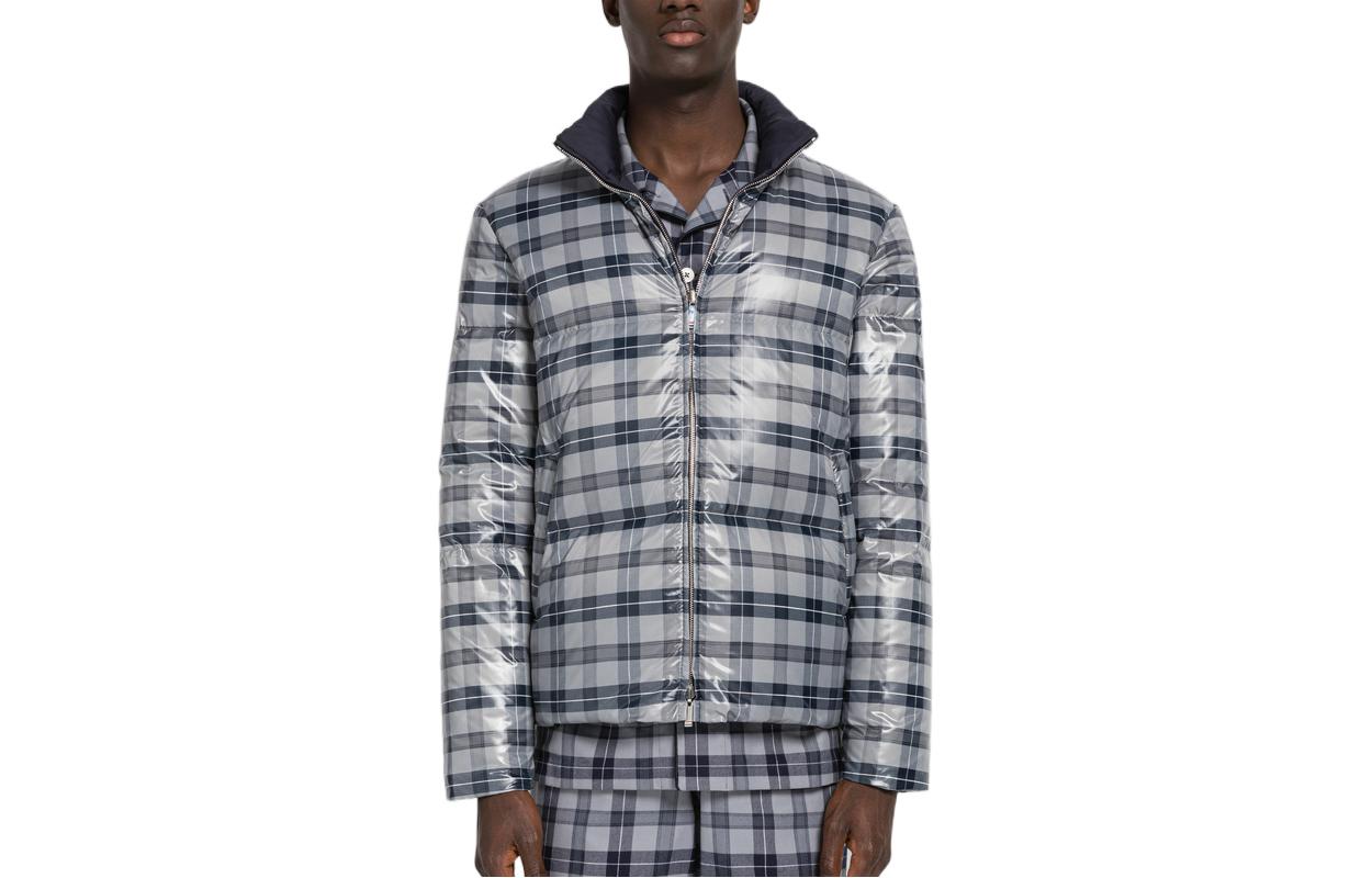 Thom Browne FW22  Reversible Check 4-Bar Down Jacket in Grey. MJD091X-F0006-035