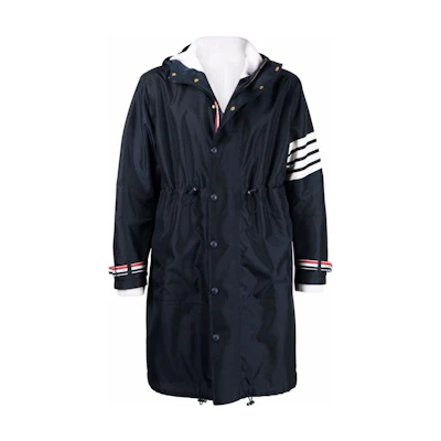 THOM BROWNE FW22 Solid Four-Stripe Hooded Mid-Length Jacket Blue MKJ089A-Y1018-415