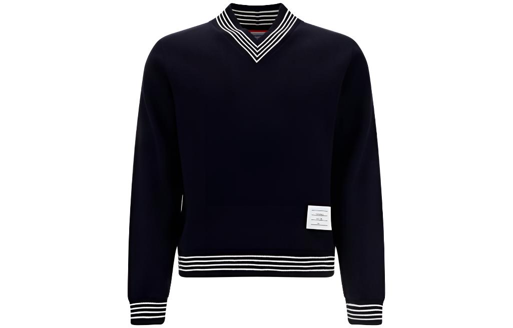 THOM BROWNE FW22  Striped V-Neck Pullover Sweater Navy Blue MJT353-AJ0020-415