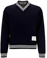 THOM BROWNE FW22 Striped V-Neck Pullover Sweater Navy Blue MJT353-AJ0020-415 THOM BROWNE FW22 Striped V-Neck Pullover Sweater Navy Blue MJT353-AJ0020-415