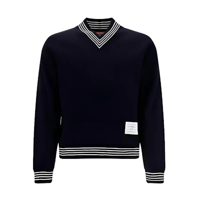 THOM BROWNE FW22 Striped V-Neck Pullover Sweater Navy Blue MJT353-AJ0020-415