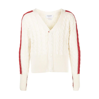 Thom Browne FW22 White Cable Knit Wool V-Neck Sweater. MKC383A-Y1024-100