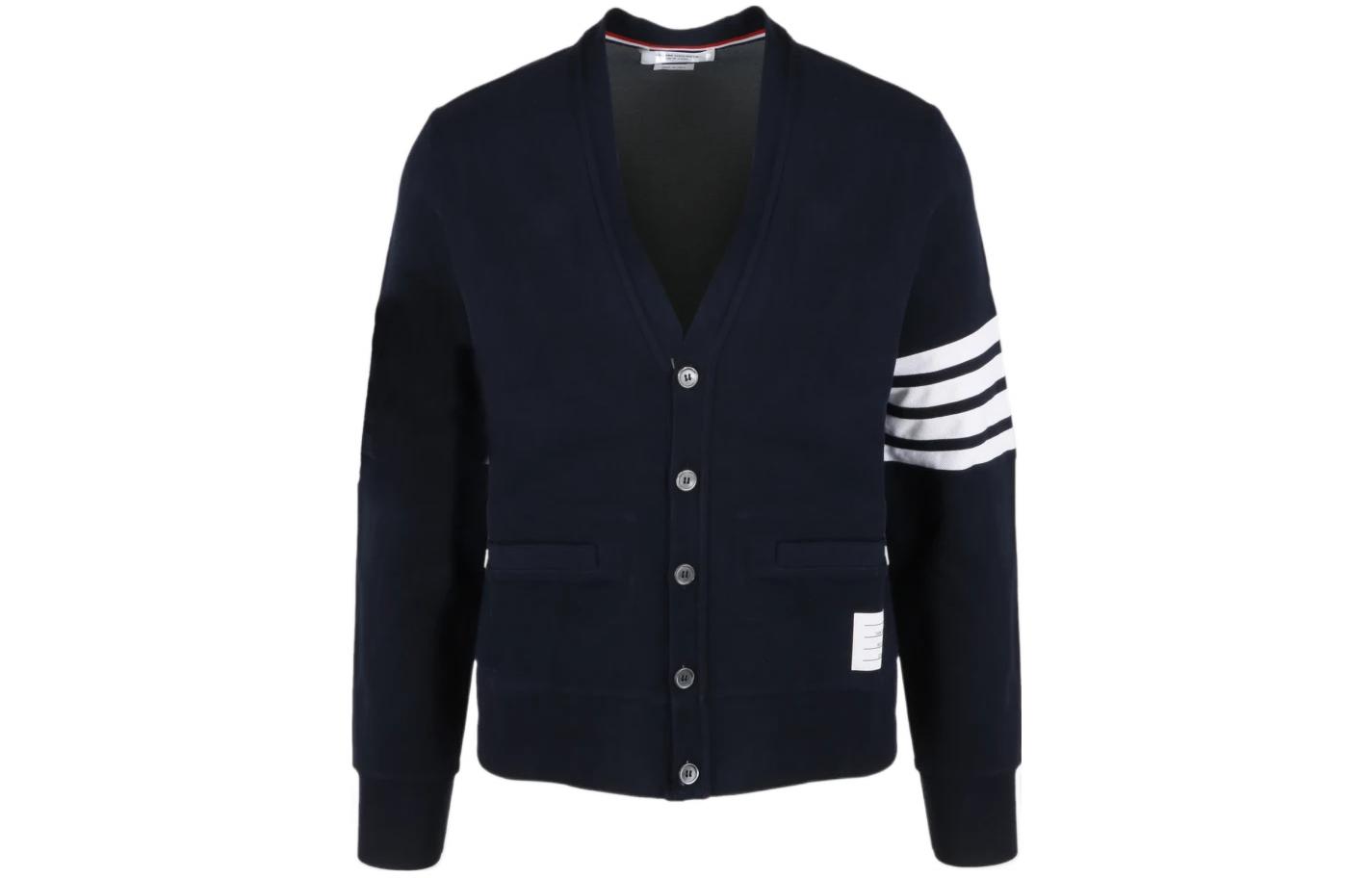 THOM BROWNE FW22 Classic 4-Bar V-Neck Cardigan Men’s Blue Sweater. MJT325A-J0008-415