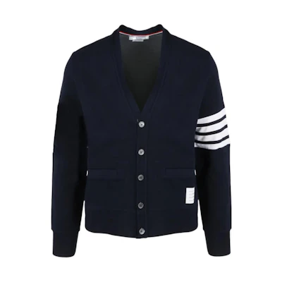 THOM BROWNE FW22 Classic 4-Bar V-Neck Cardigan Men’s Blue Sweater. MJT325A-J0008-415