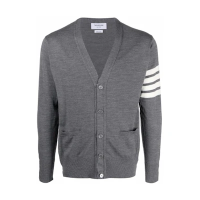 THOM BROWNE FW22 Classic Merino Wool V-Neck Cardigan Sweater Grey. MKC002A-Y1014-038