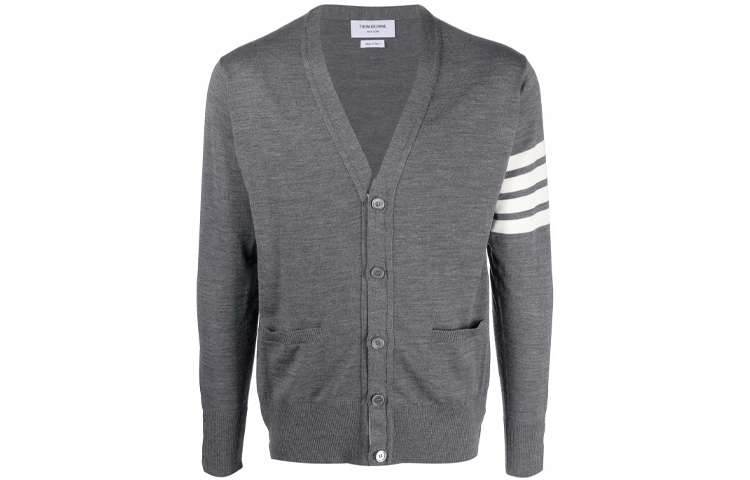 Order THOM BROWNE FW22 Kardigan Sweater Wool Merino V-Neck Abu-abu Klasik. MKC002A-Y1014-038