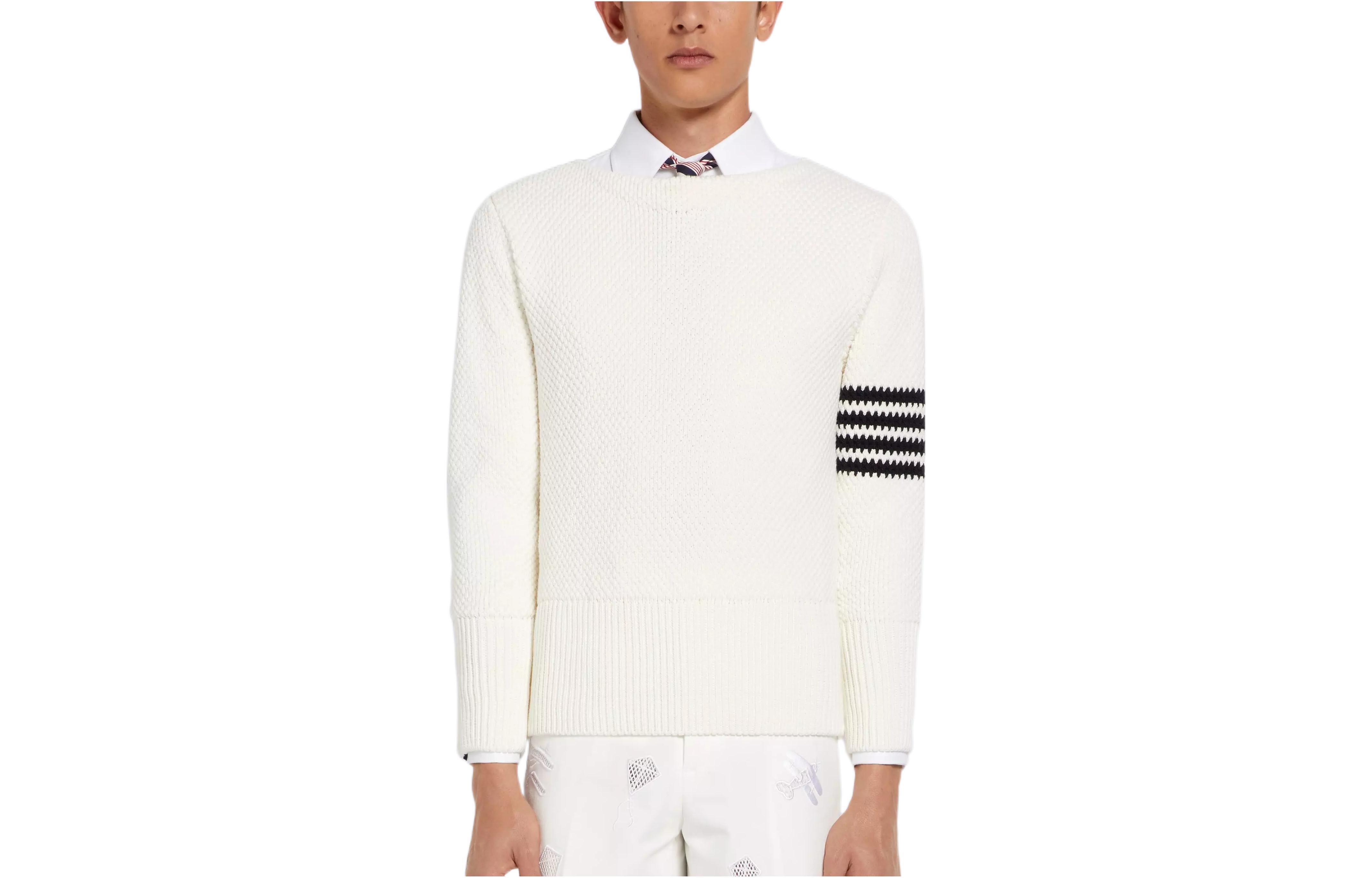 THOM BROWNE FW22 Contrast Four-Bar Striped Pullover Sweater Men White MKA395A-Y3017-100