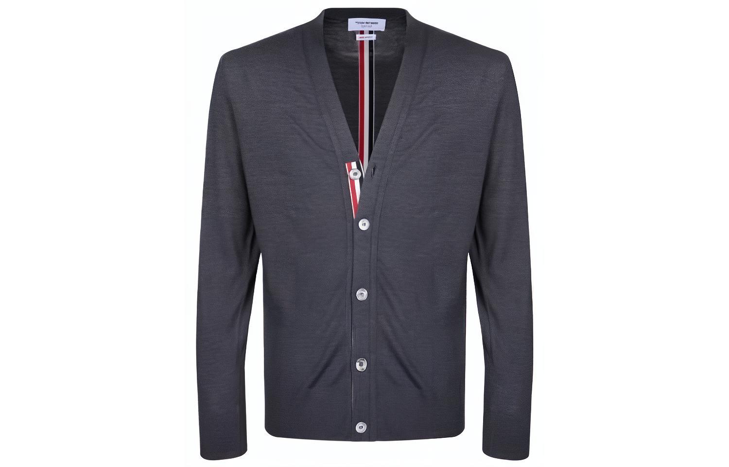 Thom Browne FW22 Grey Solid Button V-Neck Wool Cardigan Sweater for Men. MKC262A-00014-025
