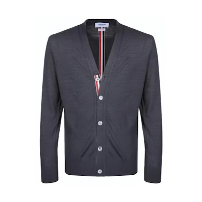 Thom Browne FW22 Grey Solid Button V-Neck Wool Cardigan Sweater for Men. MKC262A-00014-025