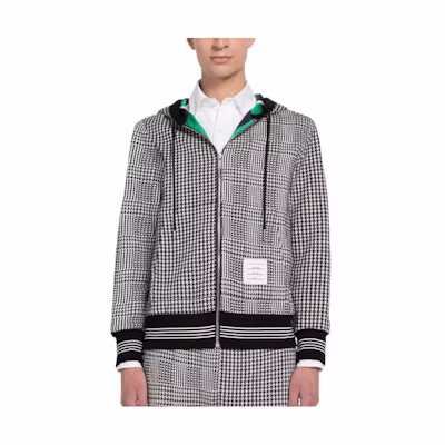 THOM BROWNE FW22 Houndstooth Striped Zip-Up Hoodie Jacket Men Black White MJT358F-J0025-980