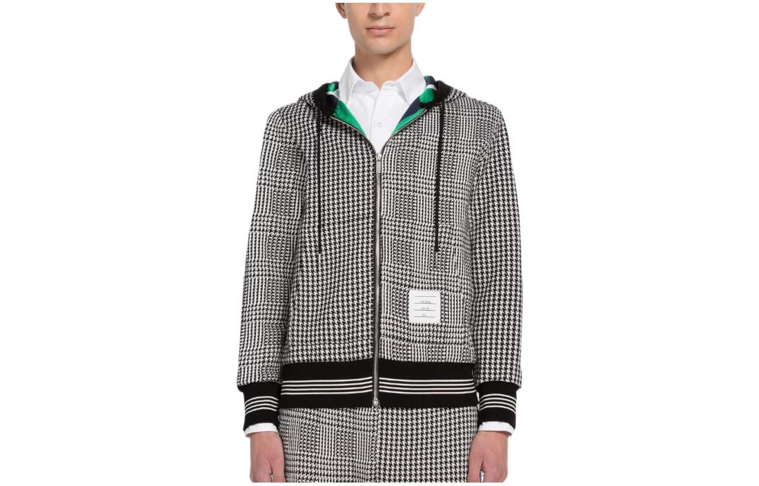 Order THOM BROWNE FW22 Houndstooth Striped Zip-Up Hoodie Jacket Men Black White MJT358F-J0025-980