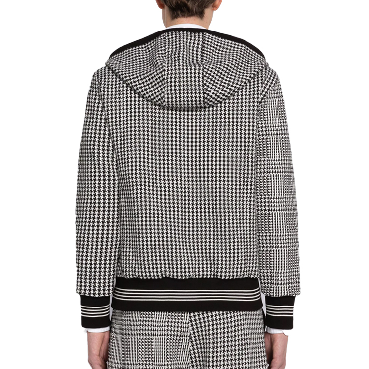Shop THOM BROWNE FW22 Houndstooth Striped Zip-Up Hoodie Jacket Men Black White MJT358F-J0025-980